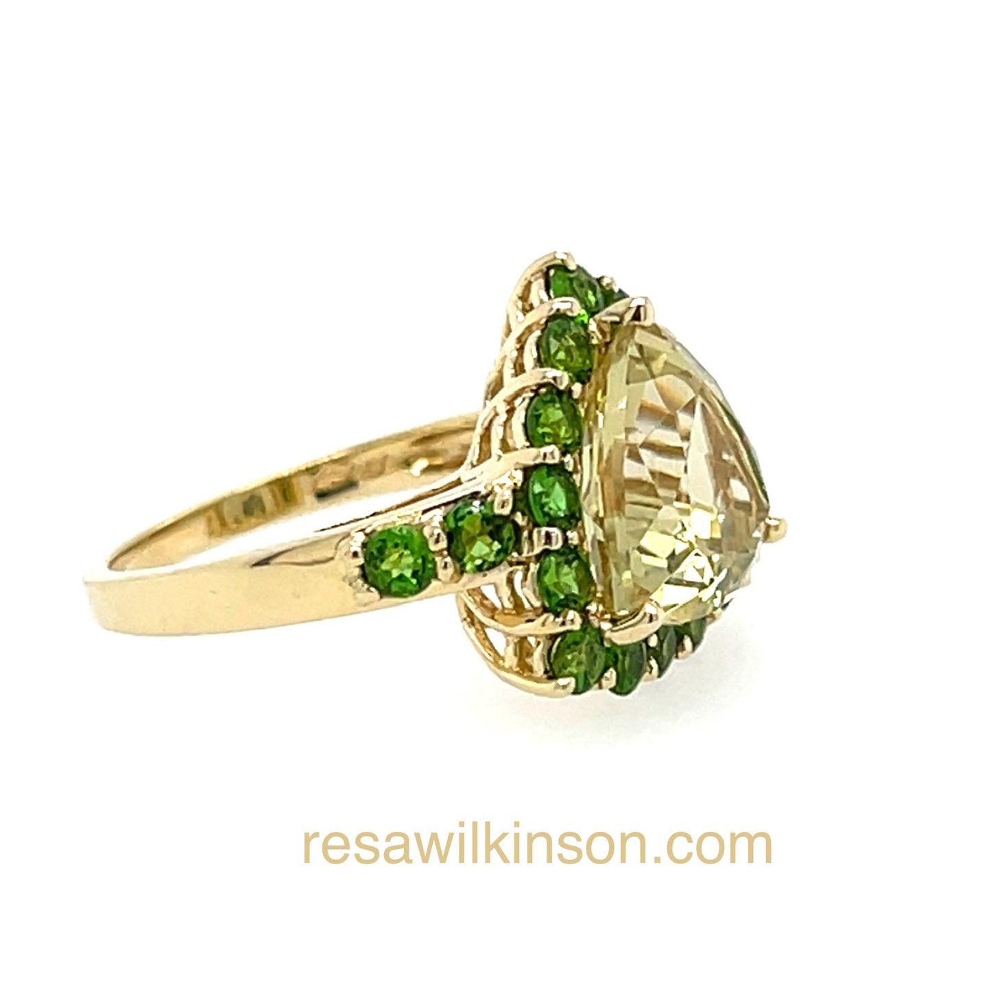 Triangle Lemon Quartz and Chrome Diopside Halo Statement Ring 14k Yellow