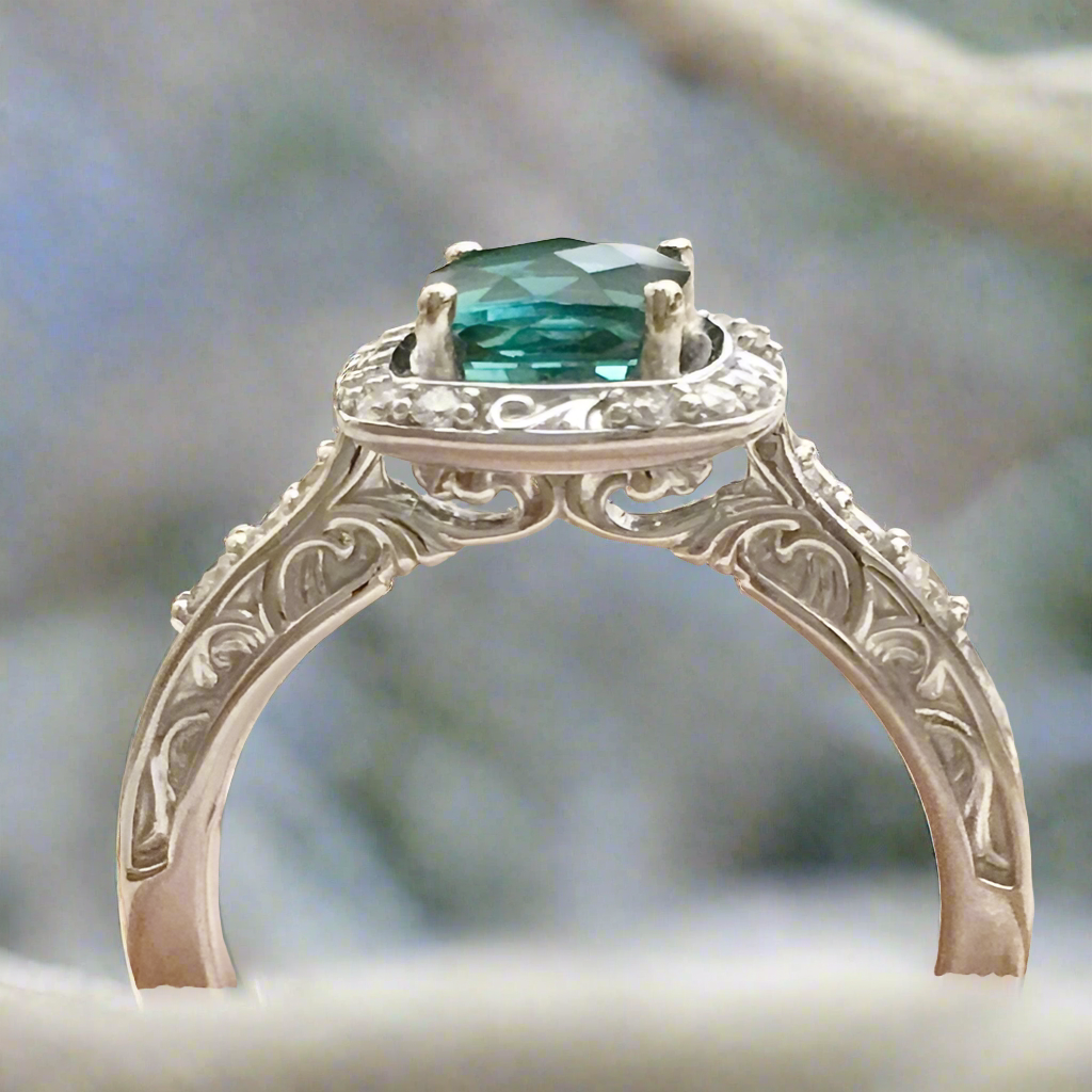 Fair Trade Natural Teal Tourmaline and Diamond Halo Ring