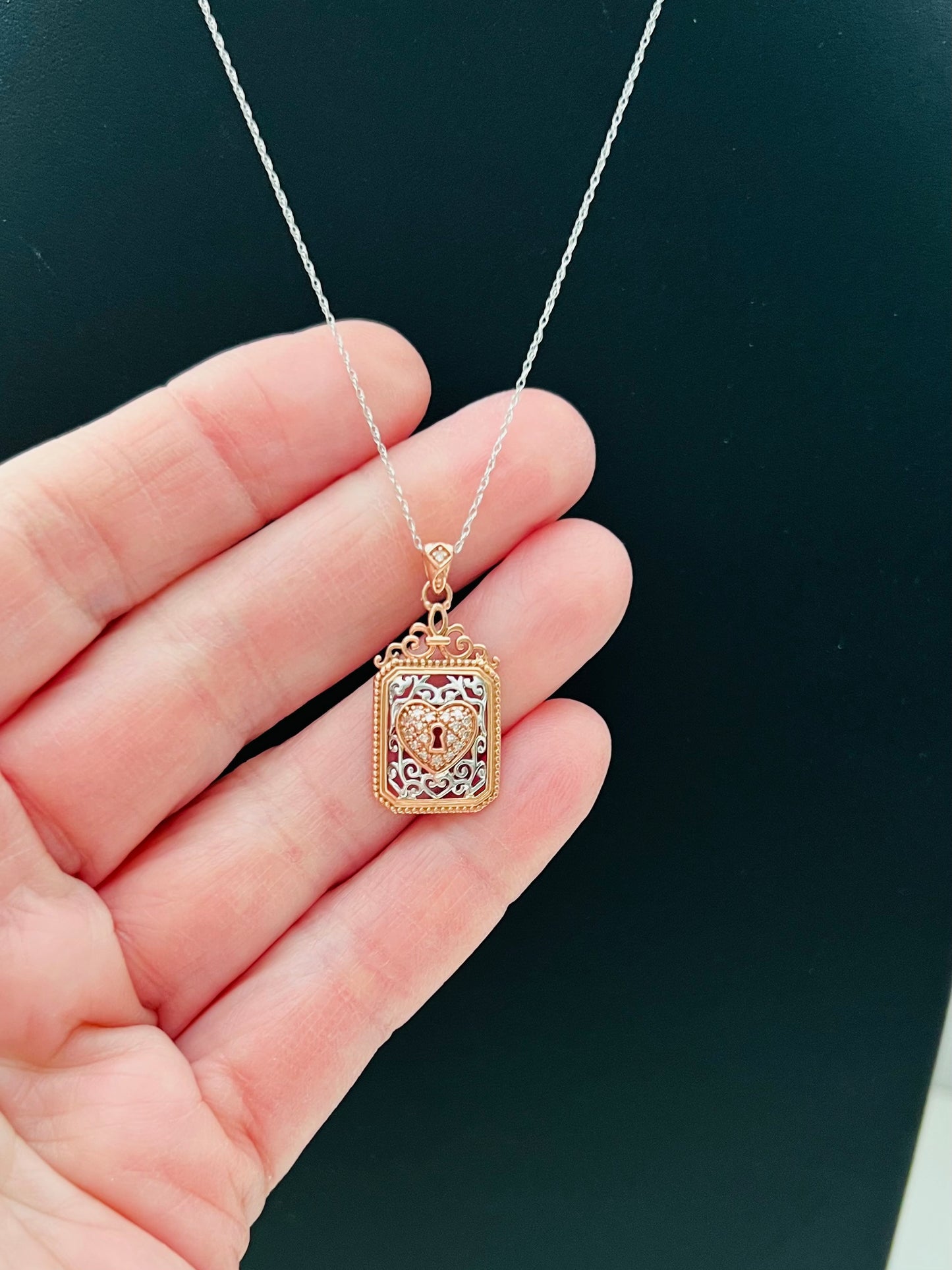 Filigree Diamond Rose Gold Heart Lock Vintage Inspired