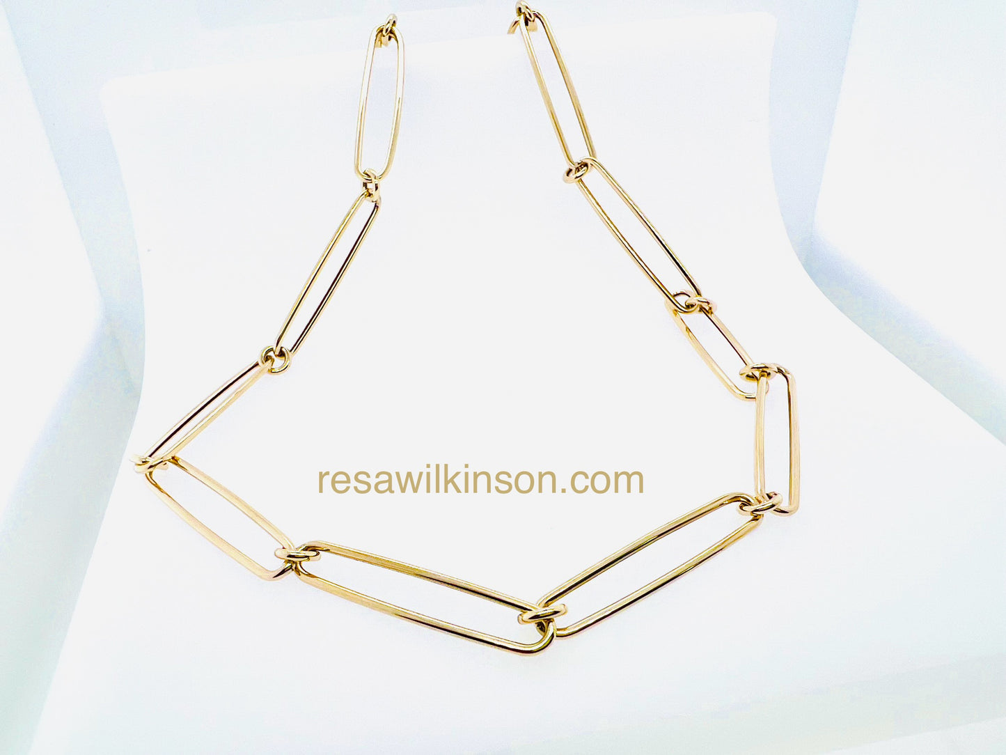 Elongated Paperclip Link Necklace Polished 14k Gold