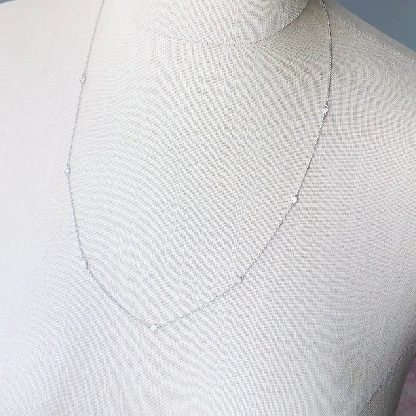 Seven Diamonds Bezel Set Station Necklace Sterling Silver