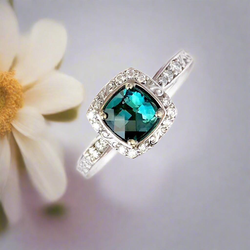 Teal Tourmaline Diamond Halo Ring Fair Trade Gemstone