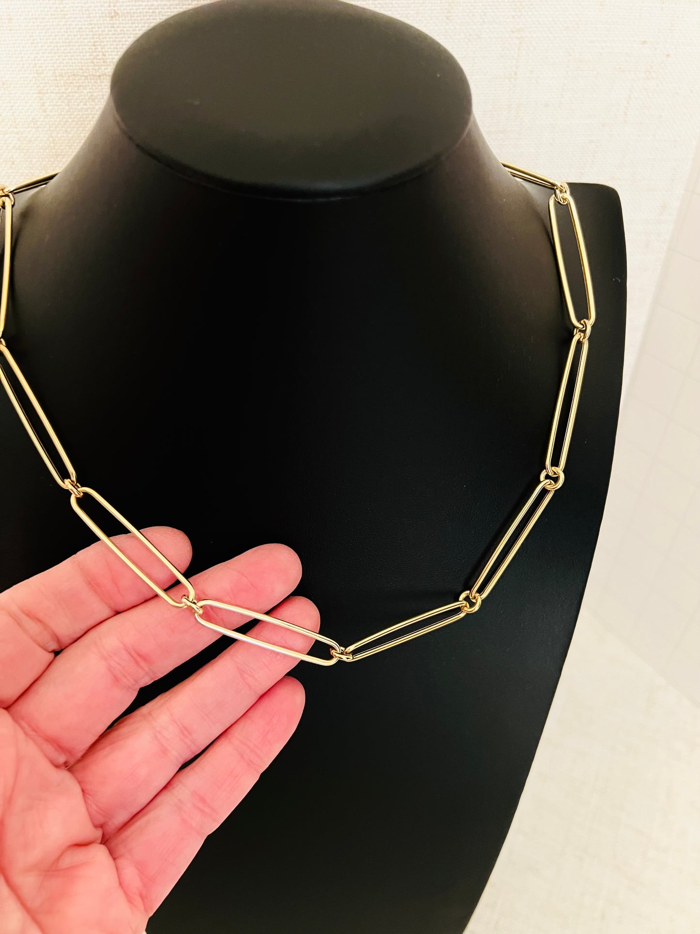 Elongated Paperclip Link Necklace Polished 14k Gold