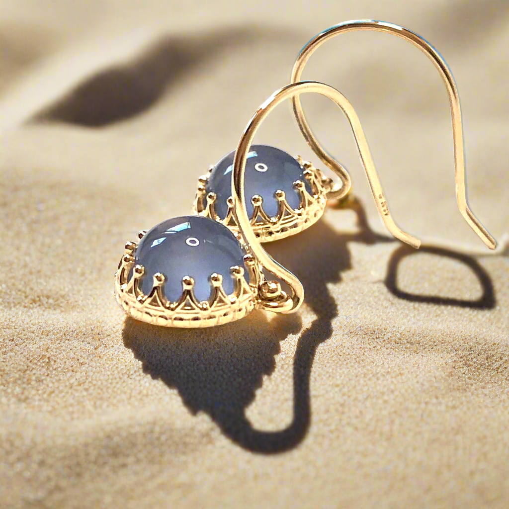 Blue Chalcedony Crown Set Dangle Earrings