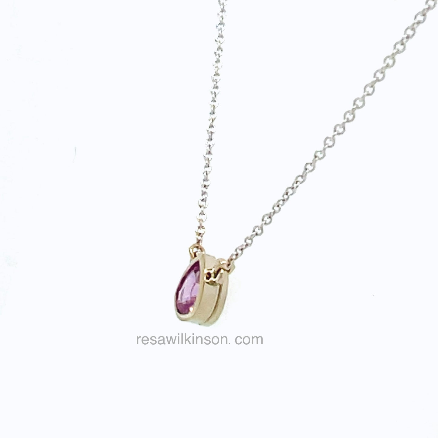 Pinkish Purple Pear Shape Sapphire Necklace Bezel Set 14k White
