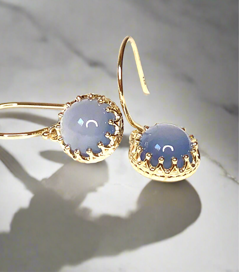 Blue Chalcedony Crown Set Dangle Earrings