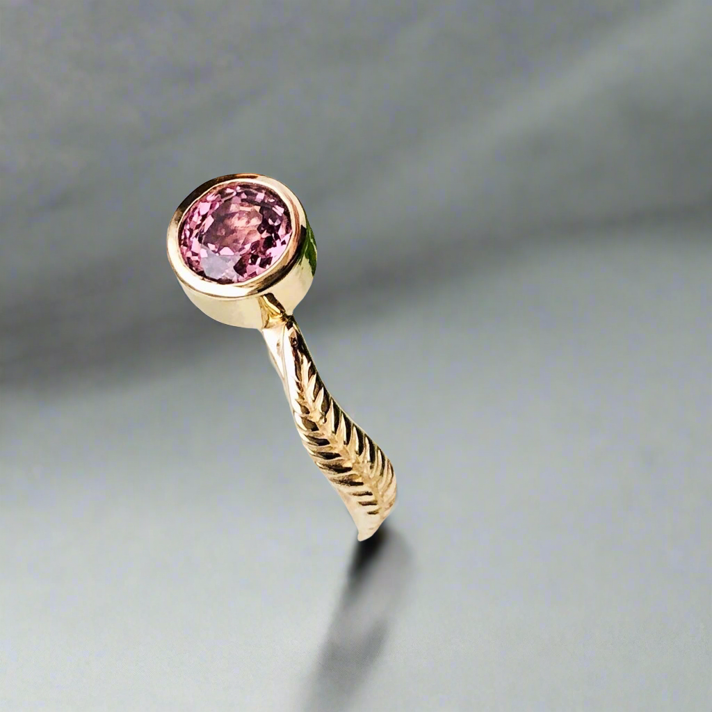 Nature Inspired Pink Spinel Gold Leaf Ring Custom Design
