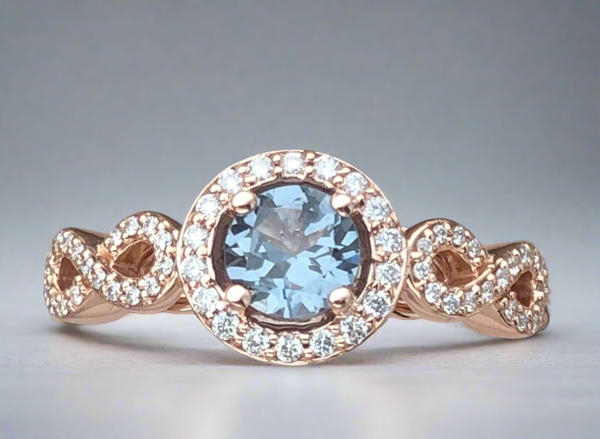 Slate Blue Spinel and Diamond Halo Rose Gold Engagement