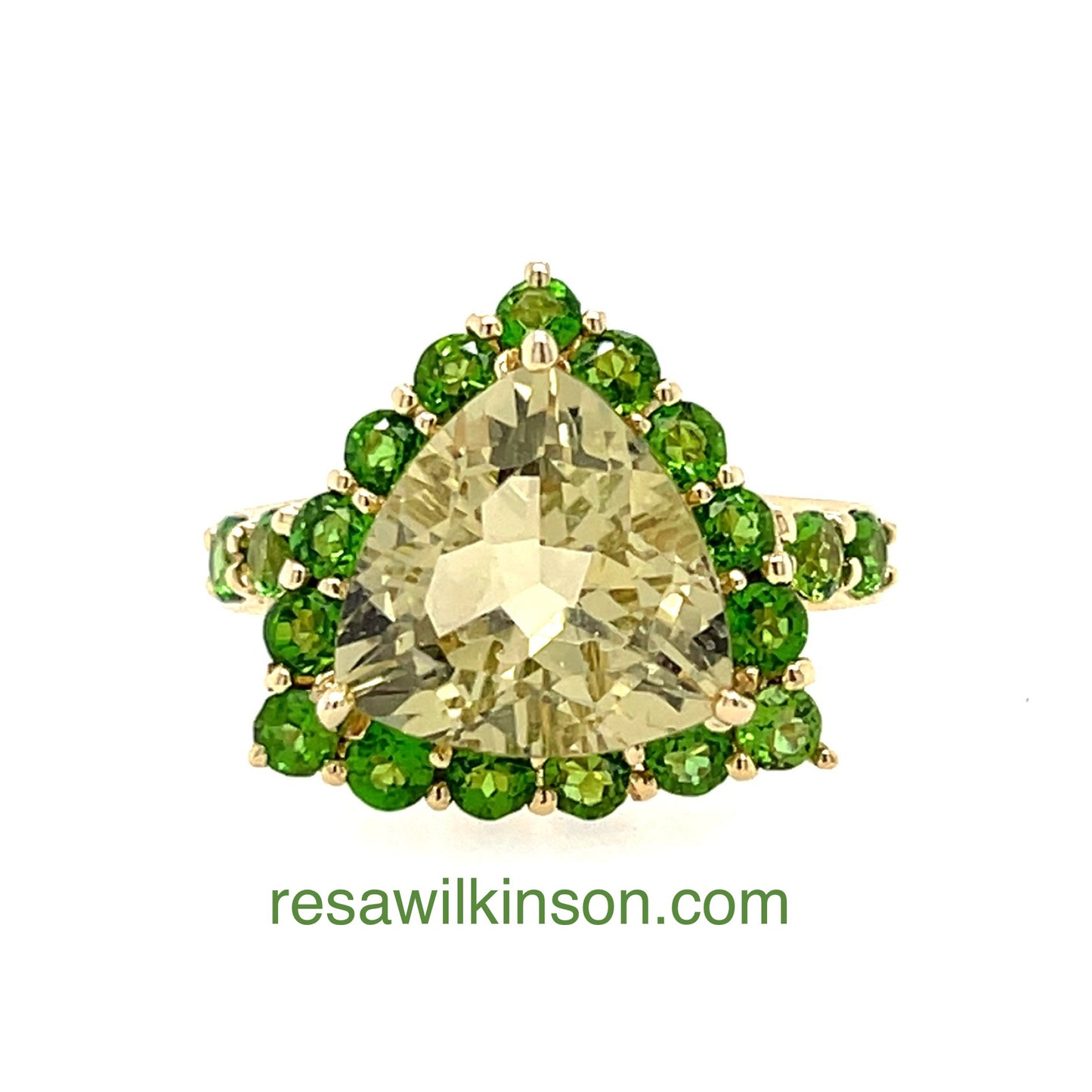 Triangle Lemon Quartz and Chrome Diopside Halo Statement Ring 14k Yellow