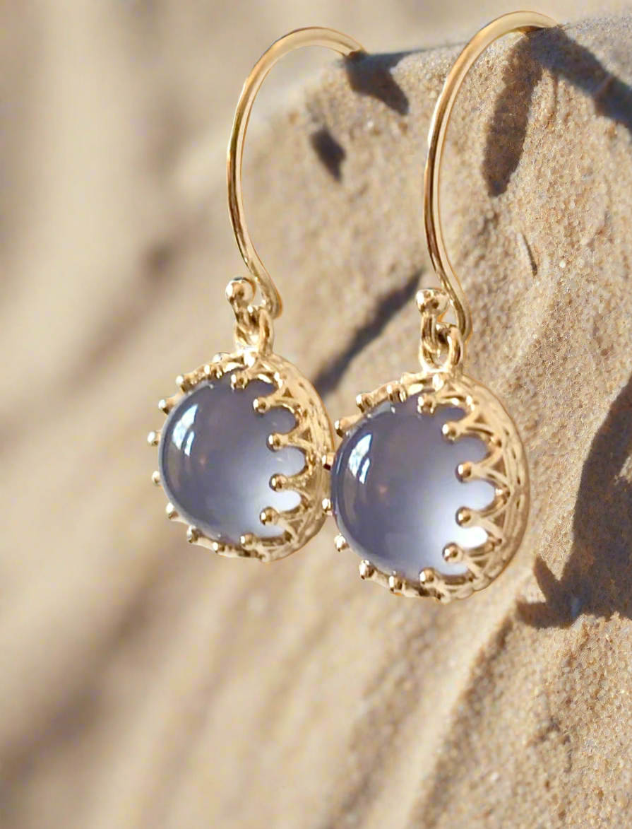 Blue Chalcedony Crown Set Dangle Earrings