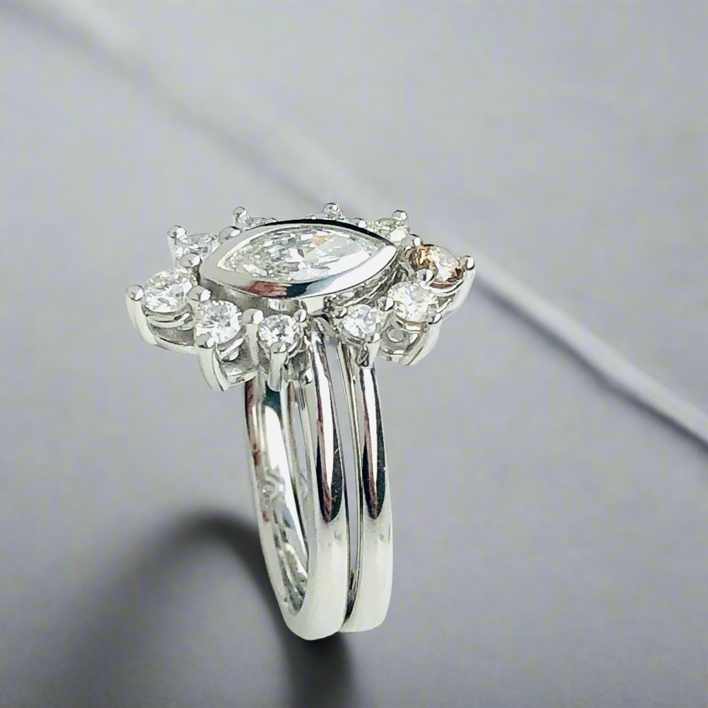 Marquise Diamond Halo Engagement and Matching Diamond Band Ombre Style Halo 0.97 Total Set Carat Weight