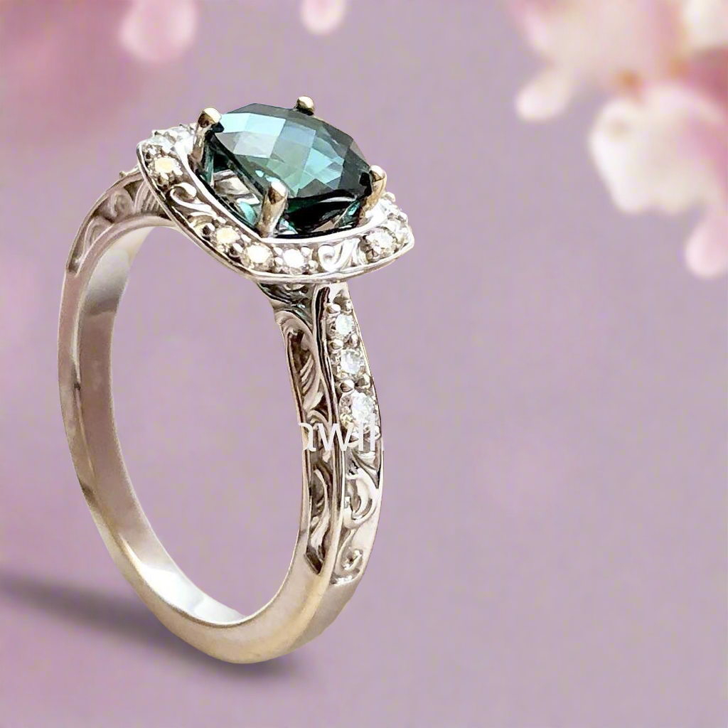 Teal Tourmaline Diamond Halo Ring Fair Trade Gemstone