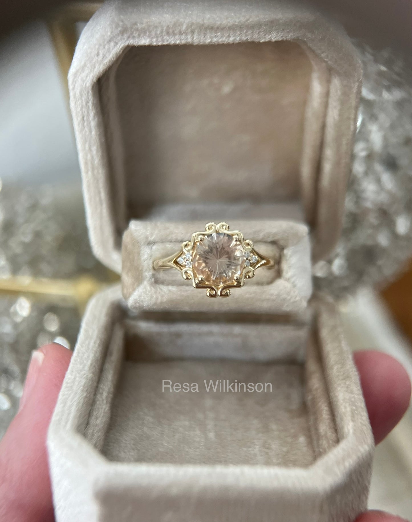 Oregon Sunstone and Diamond Ring Peach and Champagne Tones