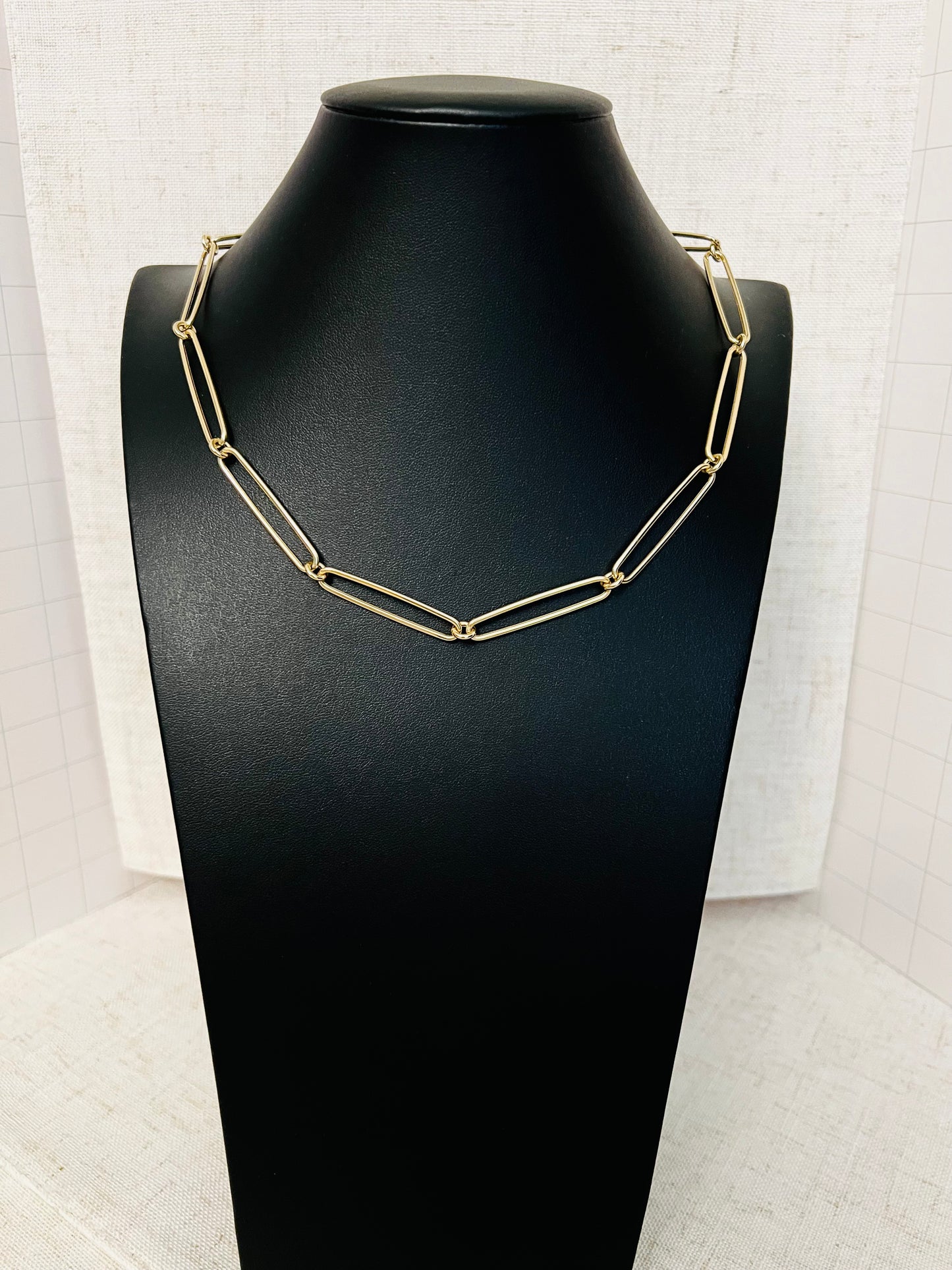 Elongated Paperclip Link Necklace Polished 14k Gold