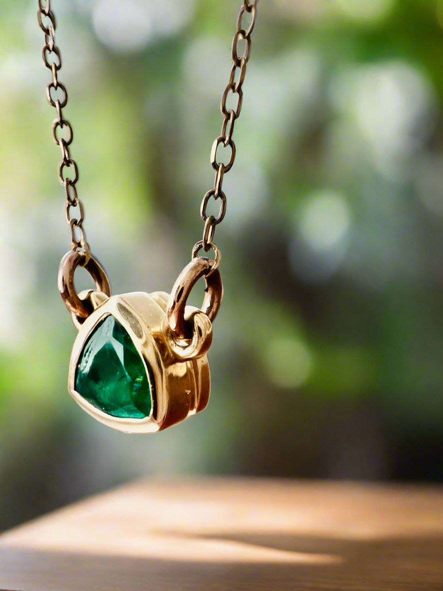 Emerald Solitaire Necklace 14k Yellow Gold Triangle Shape