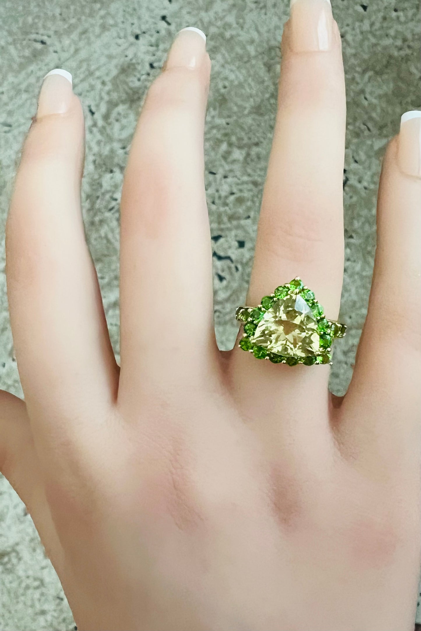 Triangle Lemon Quartz and Chrome Diopside Halo Statement Ring 14k Yellow