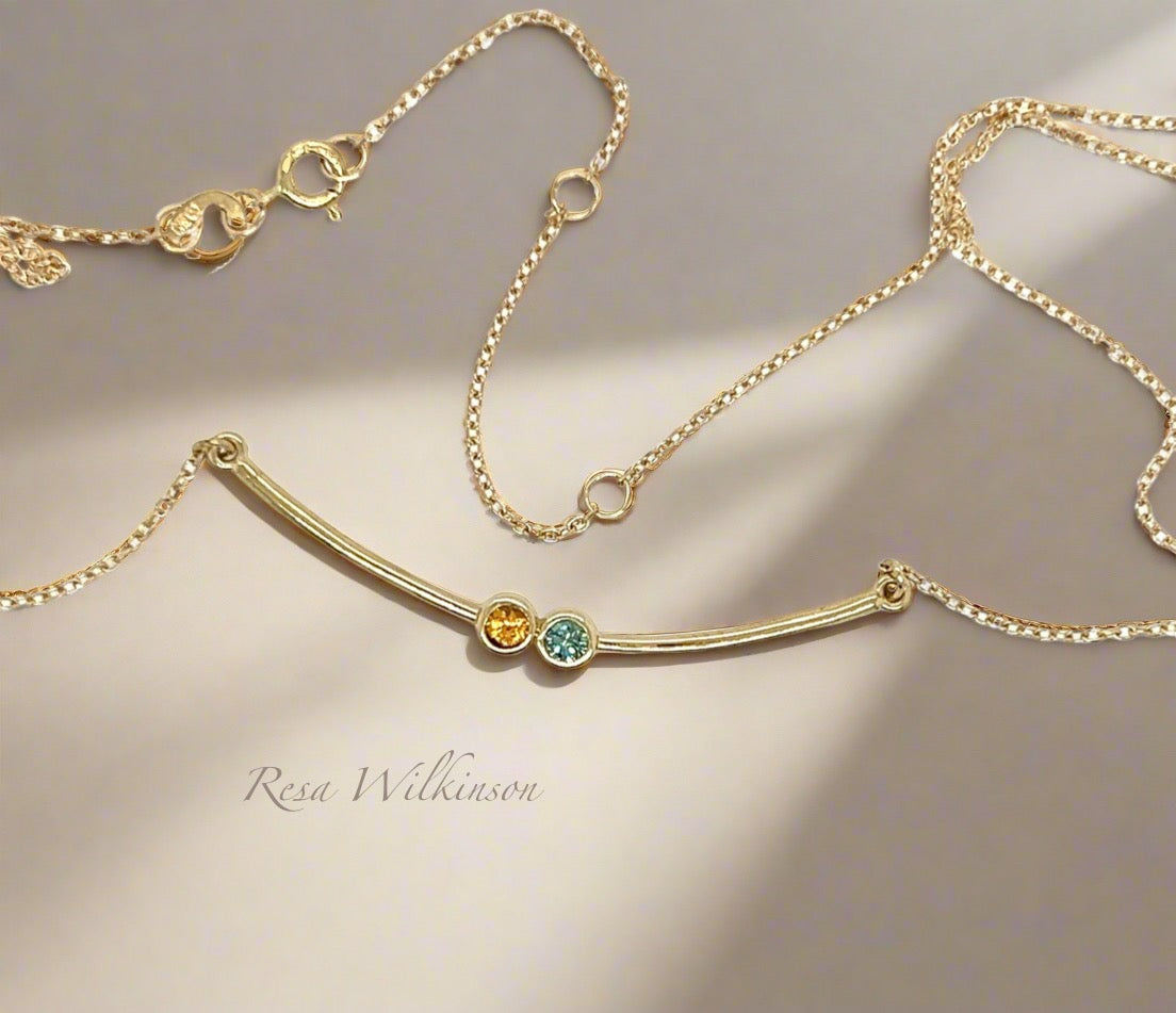 Blue Diamond Yellow Sapphire Bar Necklace 14k Gold