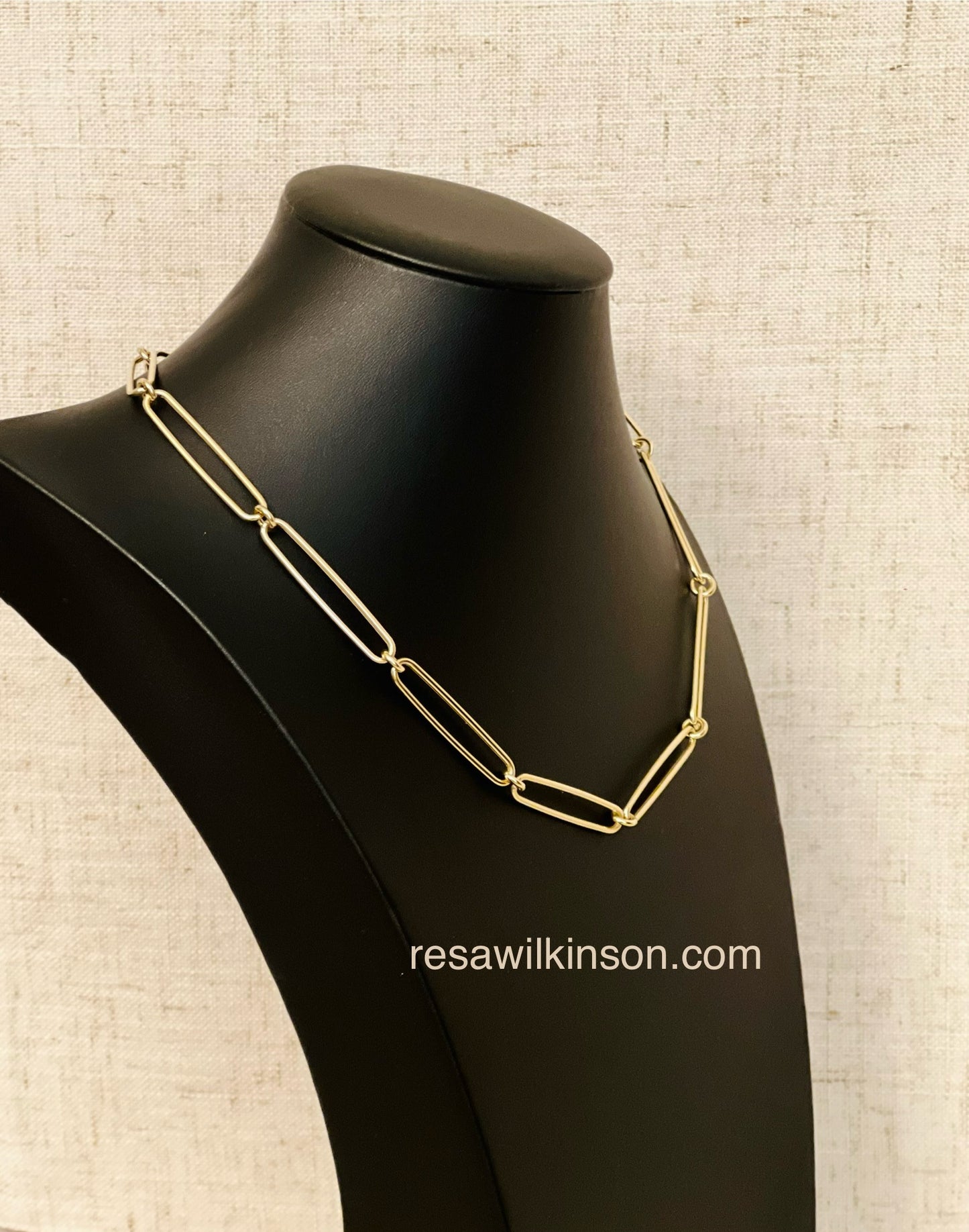 Elongated Paperclip Link Necklace Polished 14k Gold