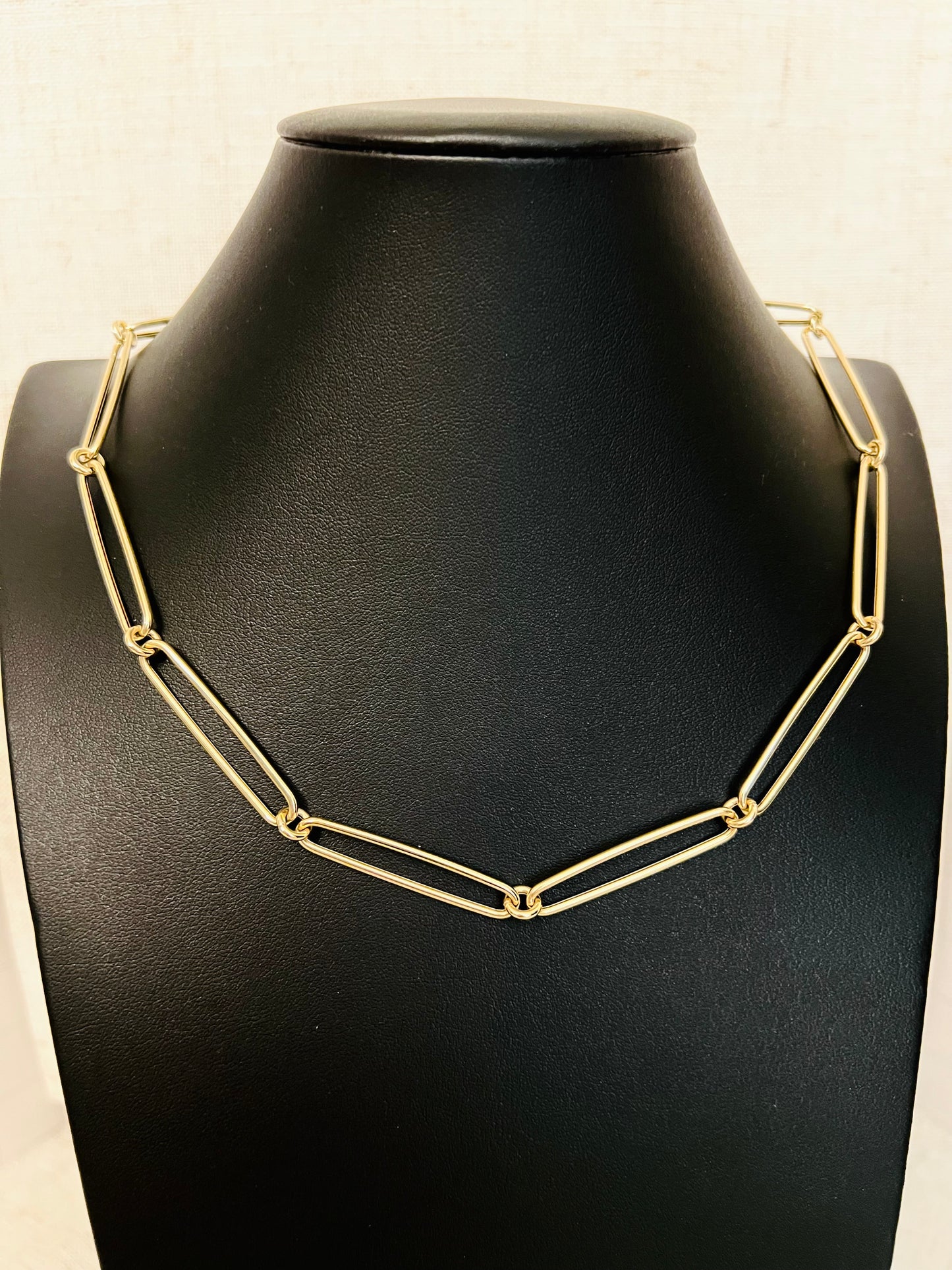 Elongated Paperclip Link Necklace Polished 14k Gold