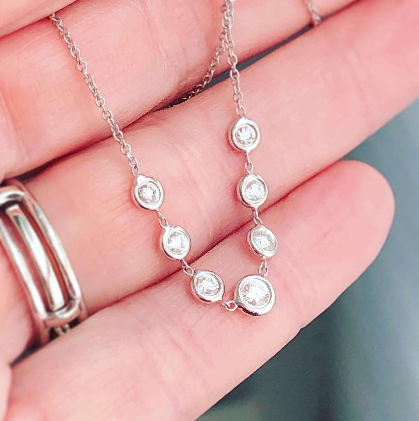 Bezel Set Diamond Graduated Station Necklace 18k White 0.50 Carats