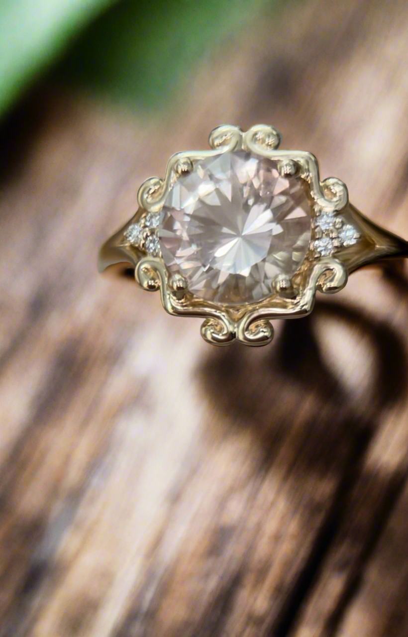 Oregon Sunstone and Diamond Ring Peach and Champagne Tones