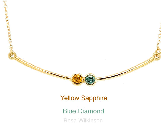 Blue Diamond Yellow Sapphire Bar Necklace 14k