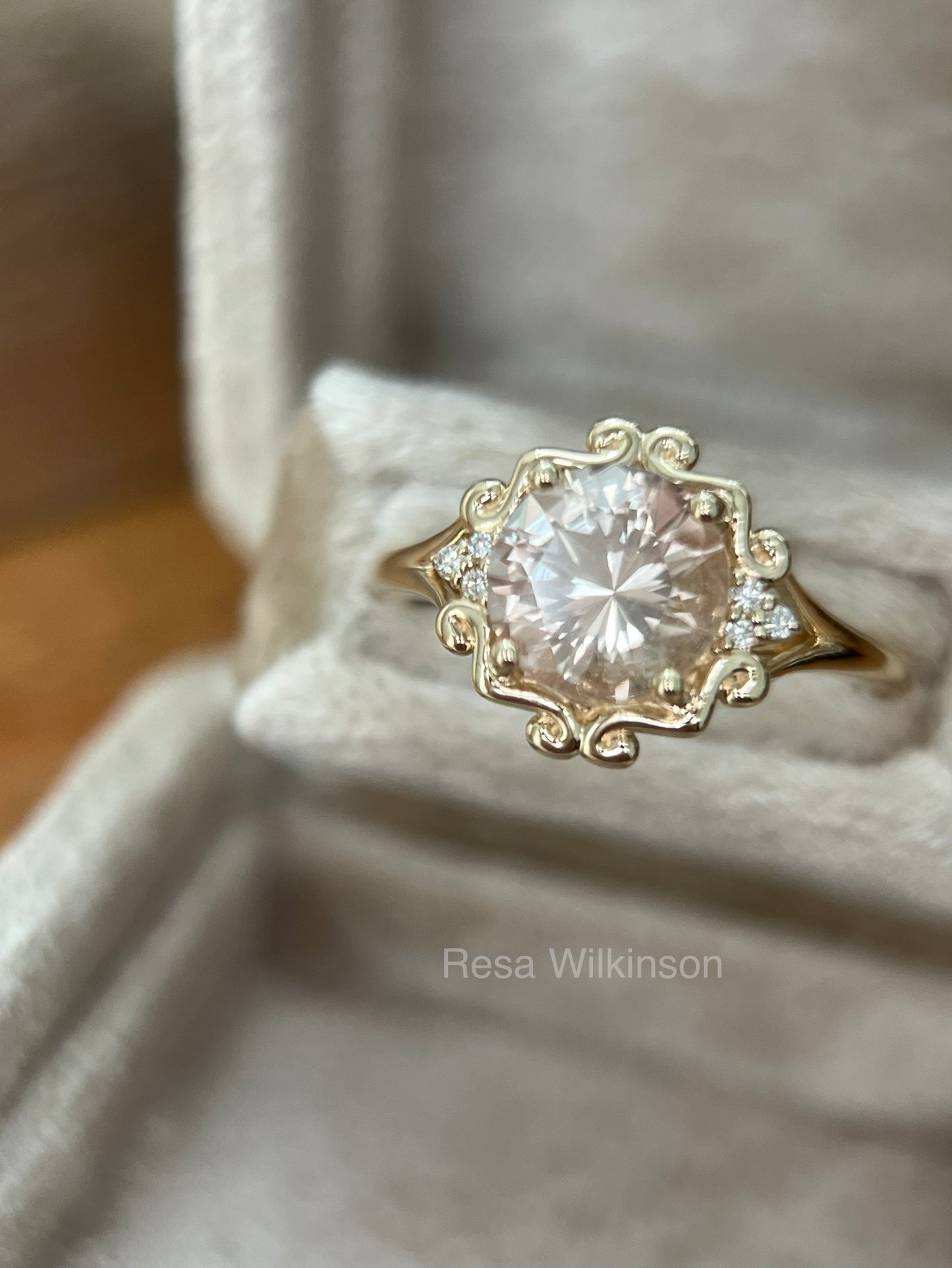 Oregon Sunstone and Diamond Ring Peach and Champagne Tones