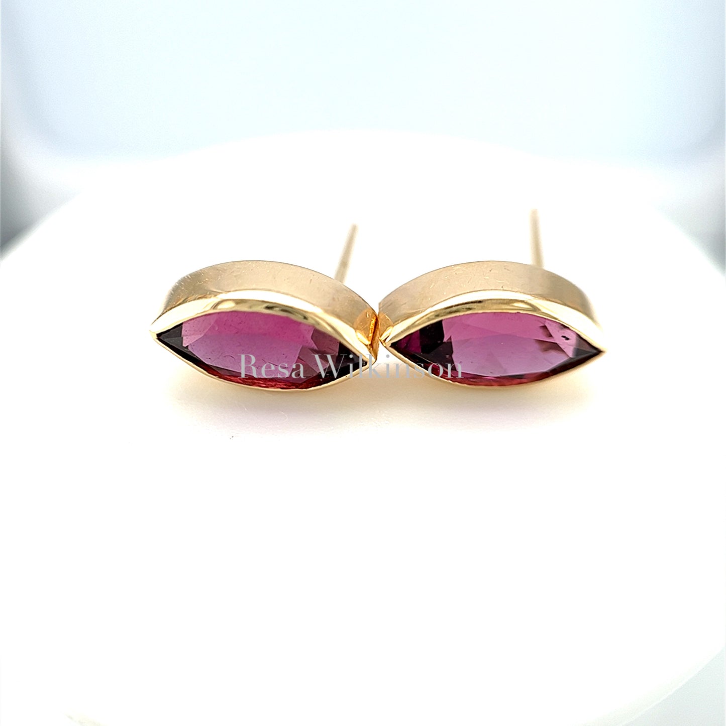 Marquise Rubellite Tourmaline Bezel Set Stud Earrings Yellow Gold