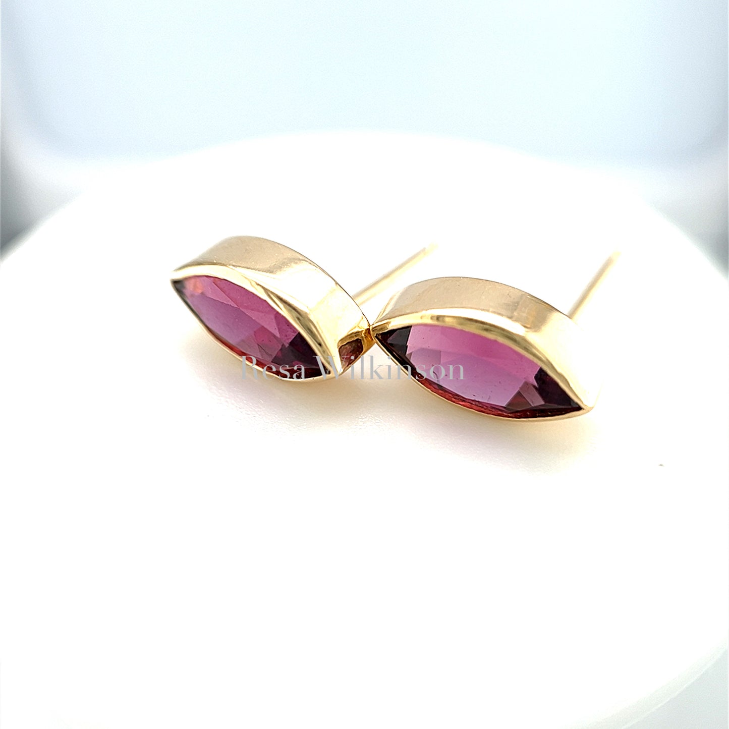 Marquise Rubellite Tourmaline Bezel Set Stud Earrings Yellow Gold