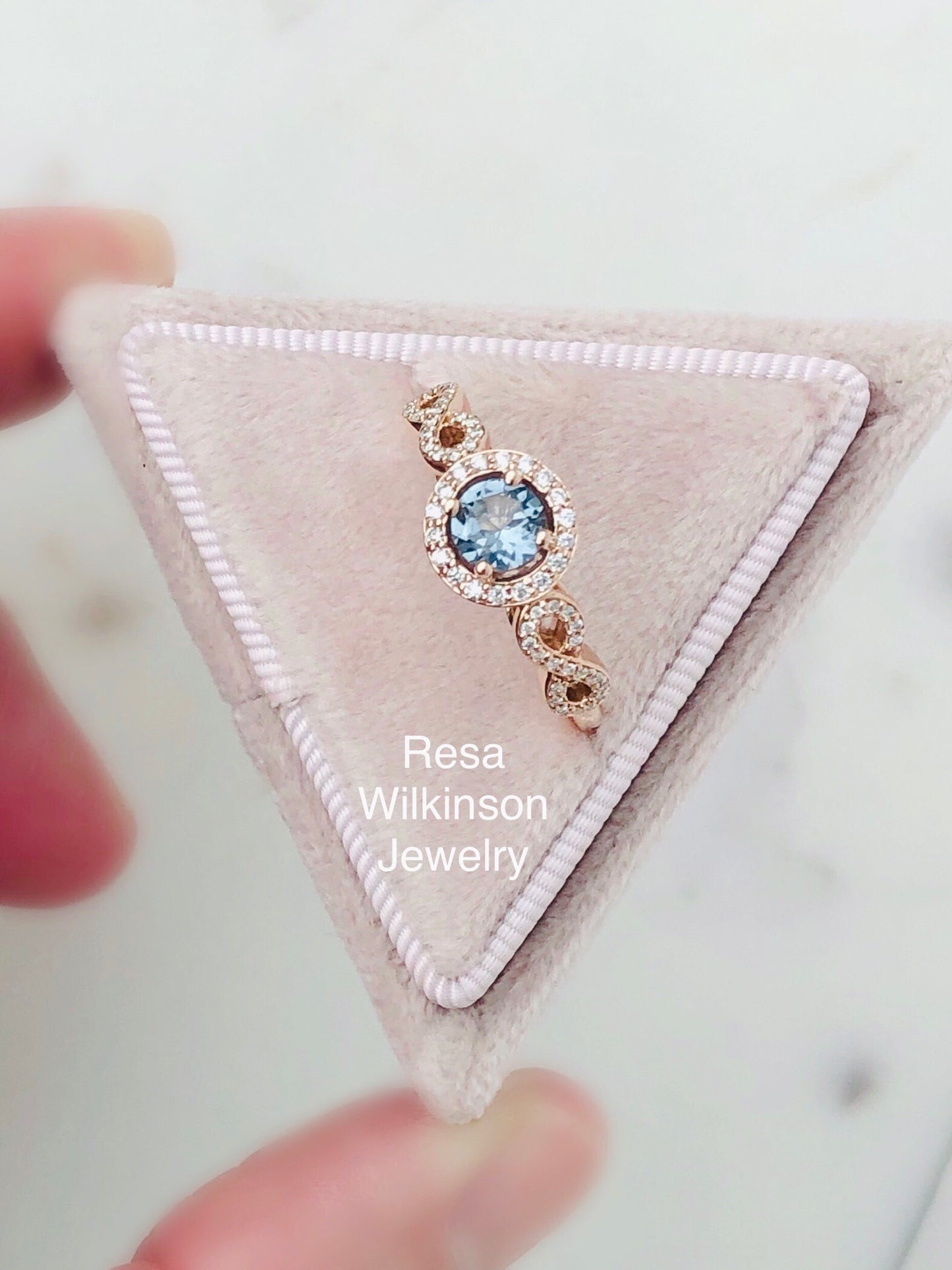 Slate Blue Spinel and Diamond Halo Rose Gold Engagement