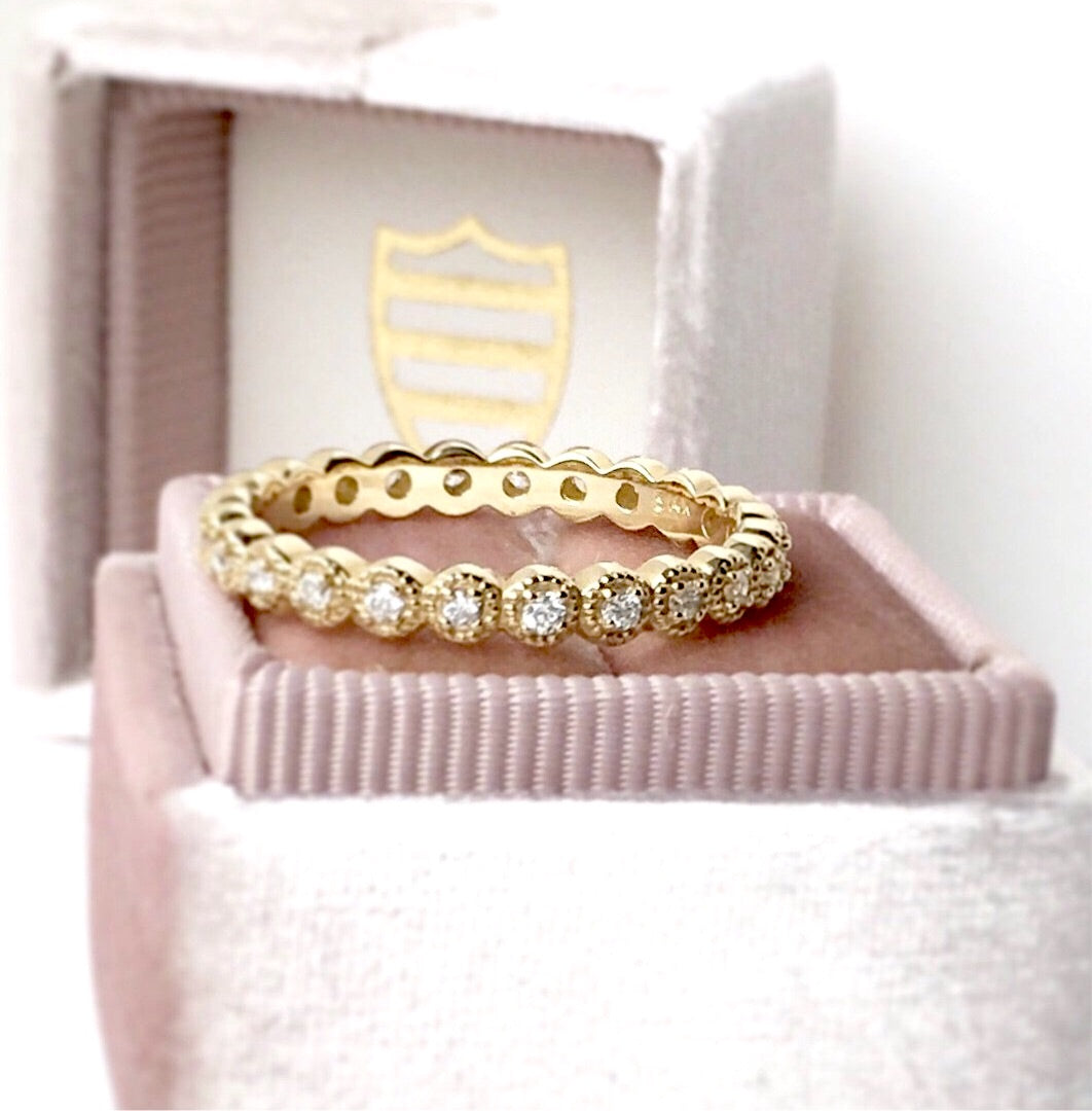 Diamond Milgrain Edge Eternity Band Vintage Inspired Yellow Gold