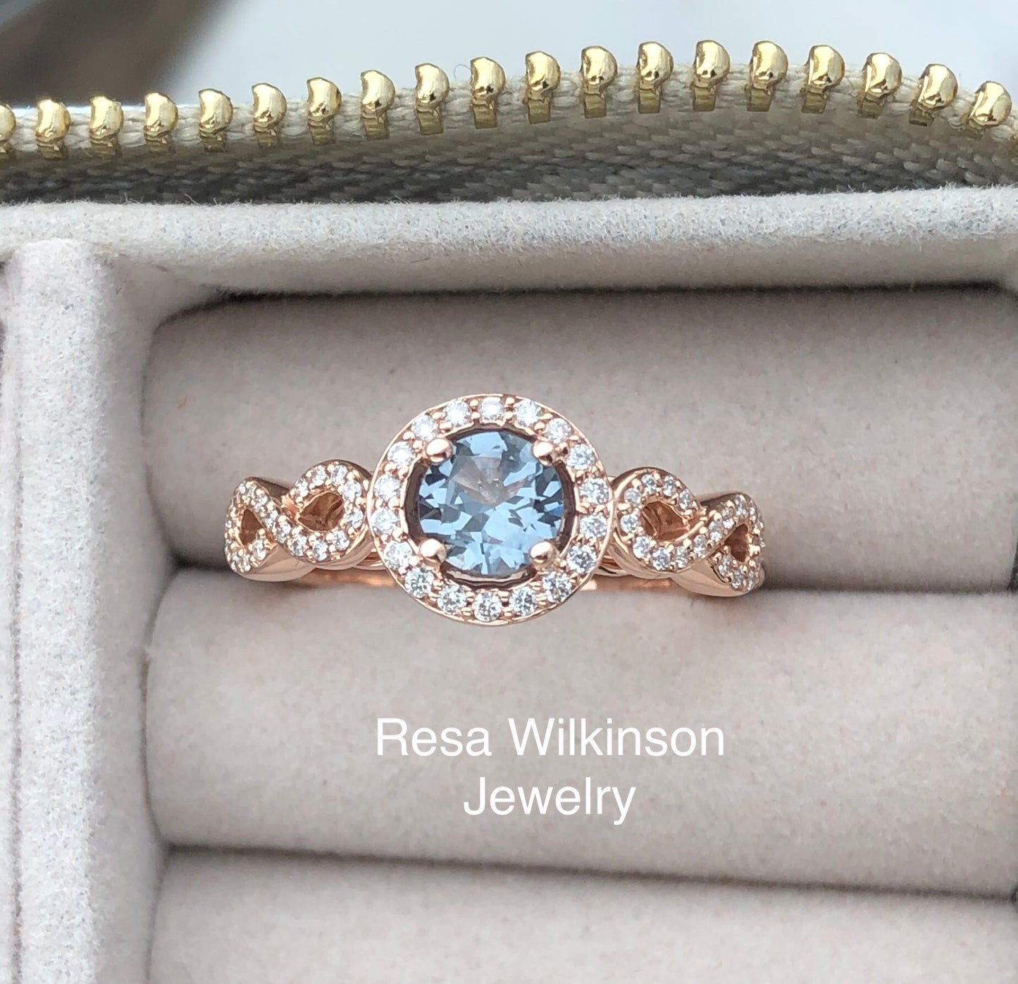 Slate Blue Spinel and Diamond Halo Rose Gold Engagement