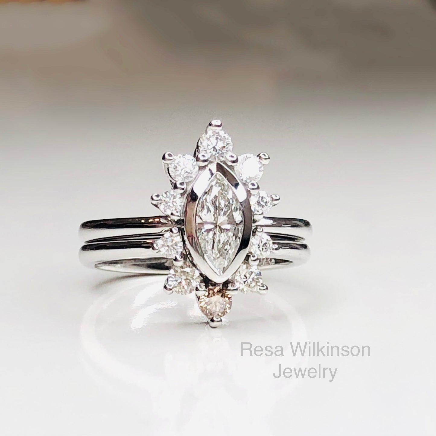 Marquise Diamond Halo Engagement and Matching Diamond Band Ombre Style Halo 0.97 Total Set Carat Weight