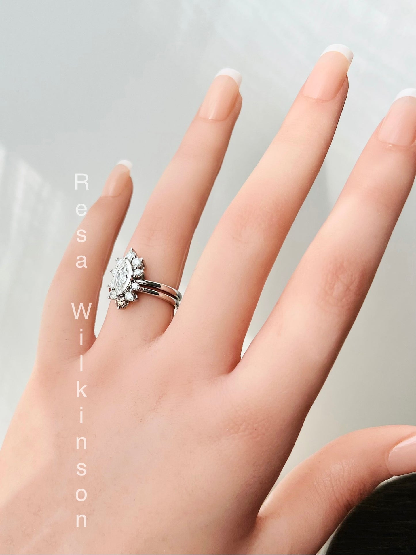Marquise Diamond Halo Engagement and Matching Diamond Band Ombre Style Halo 0.97 Total Set Carat Weight