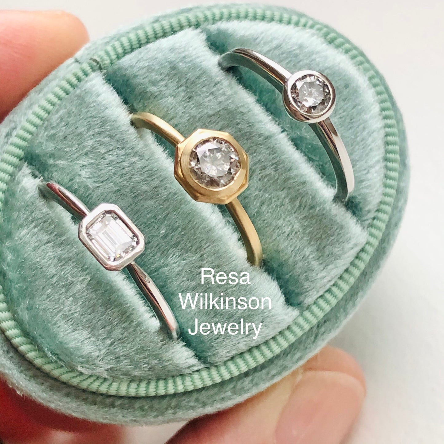 Round Grey Diamond Hexagon Shape Solitaire Ring