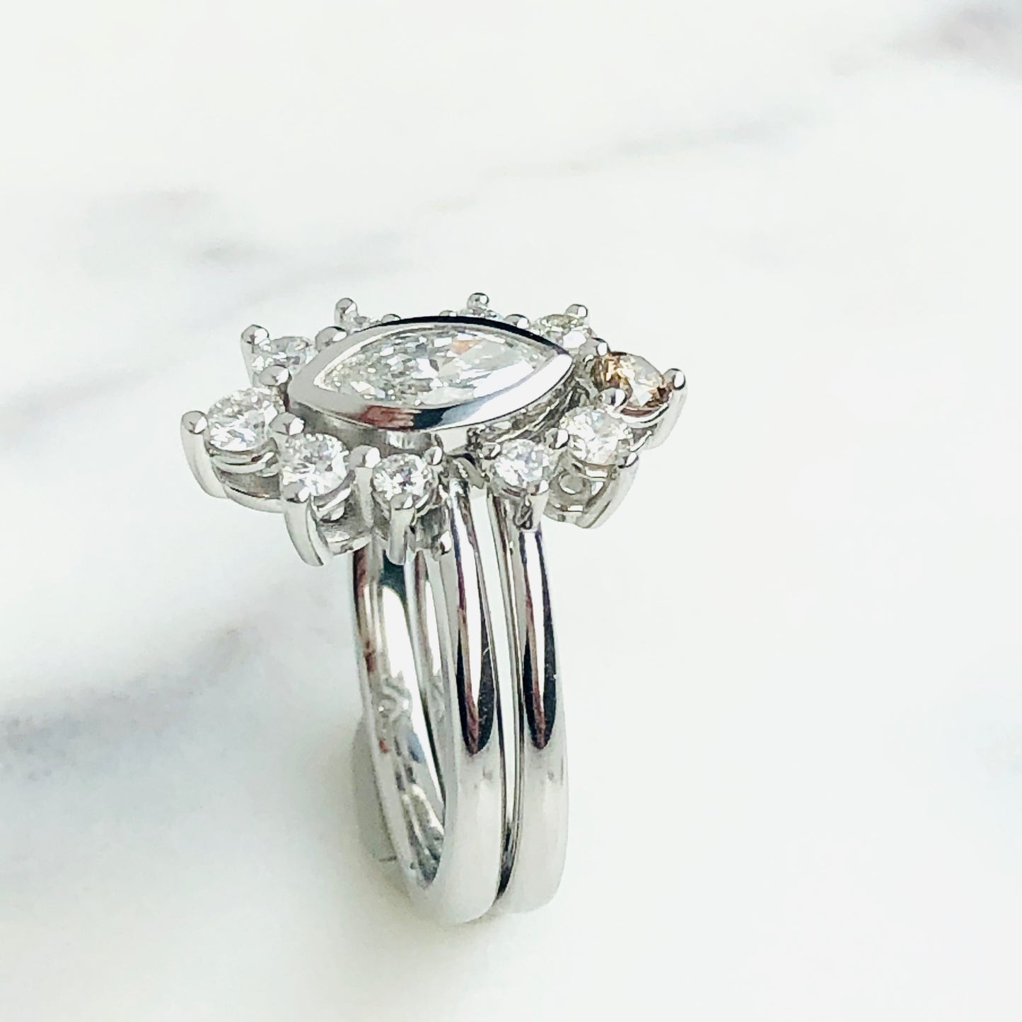 Marquise Diamond Halo Engagement with matching Diamond Ombre Band
