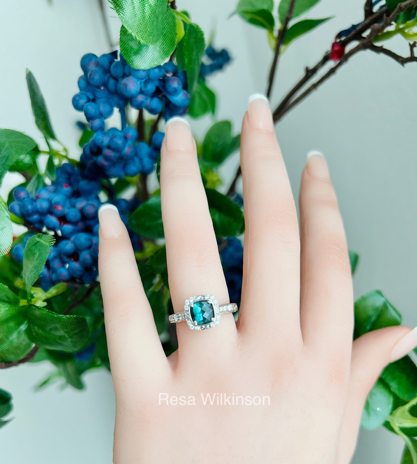 Fair Trade Natural 1.00 Carat Teal Tourmaline and Diamond Halo Ring
