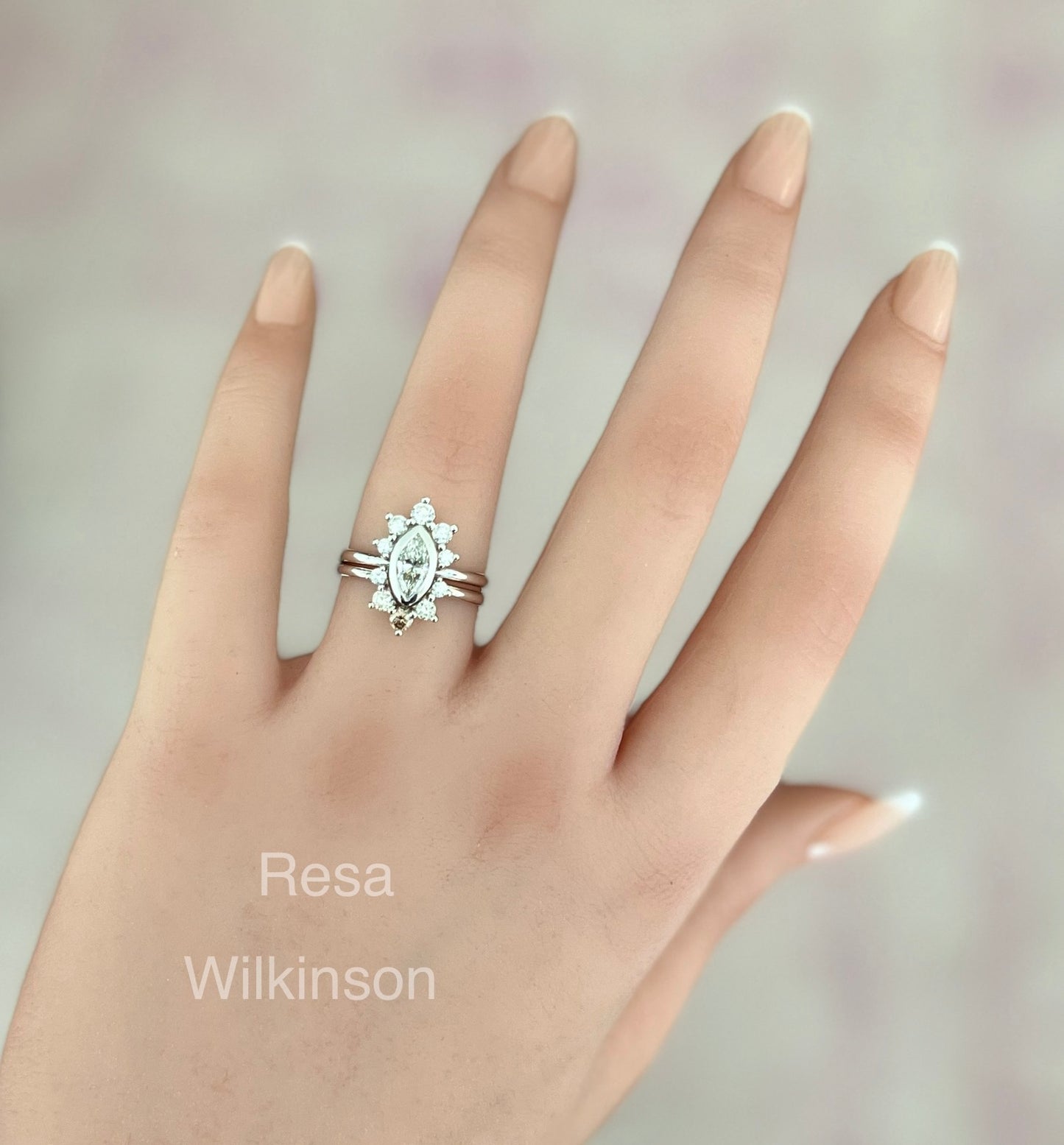 Marquise Diamond Halo Engagement and Matching Diamond Band Ombre Style Halo 0.97 Total Set Carat Weight