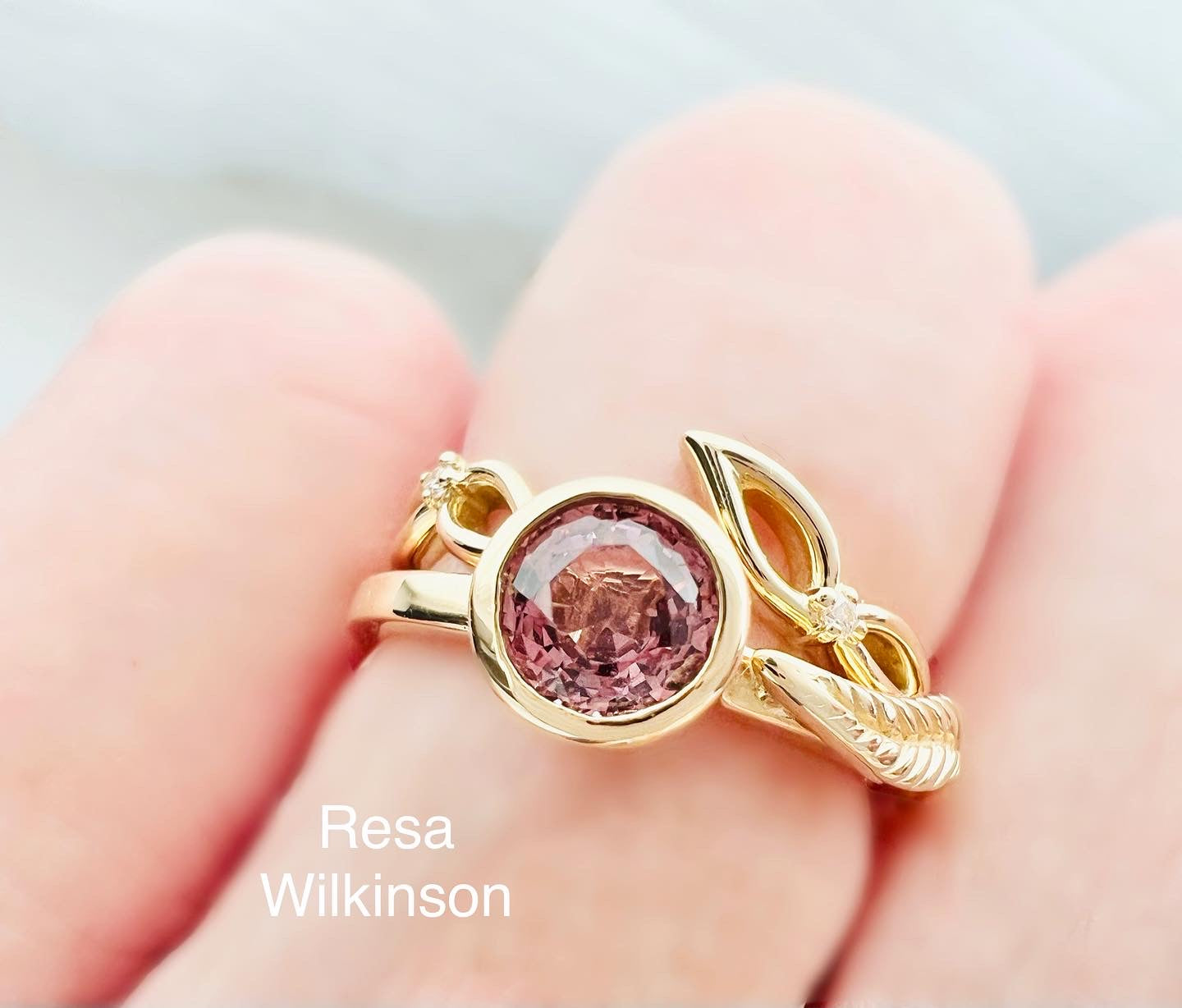 Nature Inspired Pink Spinel Gold Leaf Ring Custom Design