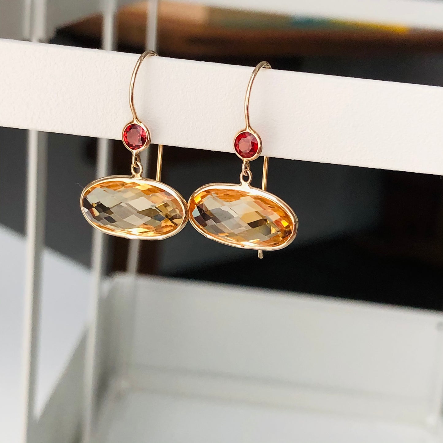 Citrine and Garnet Dangle Earrings 14k Yellow Gold