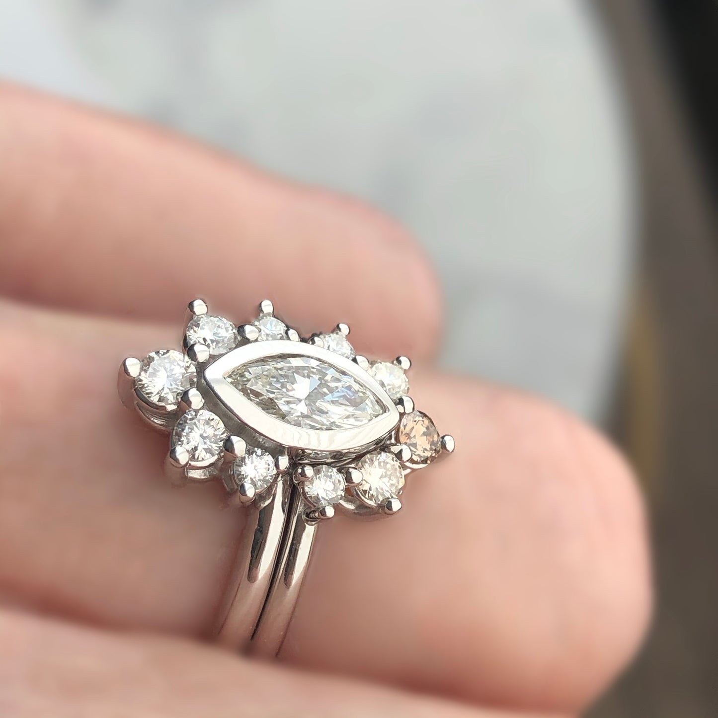 Marquise Diamond Halo Engagement and Matching Diamond Band Ombre Style Halo 0.97 Total Set Carat Weight