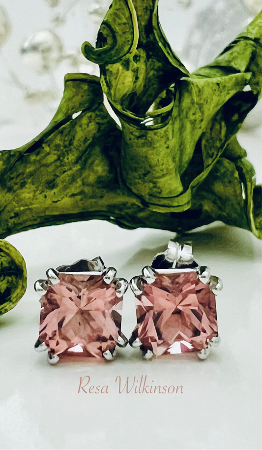 Pink Tourmaline Assher Cut Stud Earrings Double Prongs