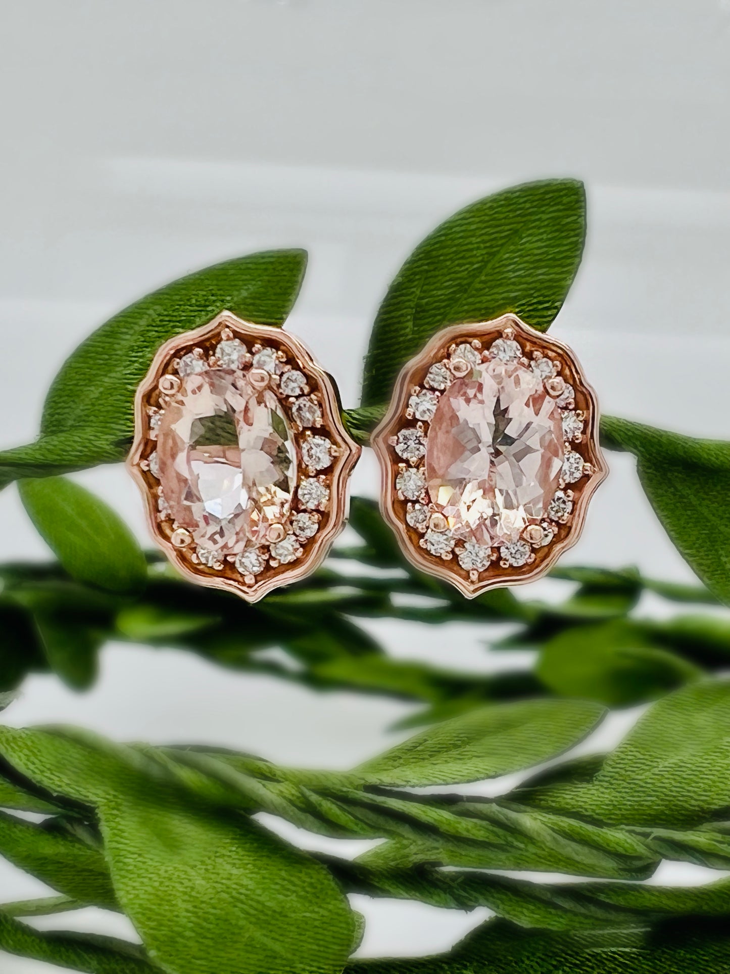 Natural Peach Morganite and Diamond Earrings Rose Gold