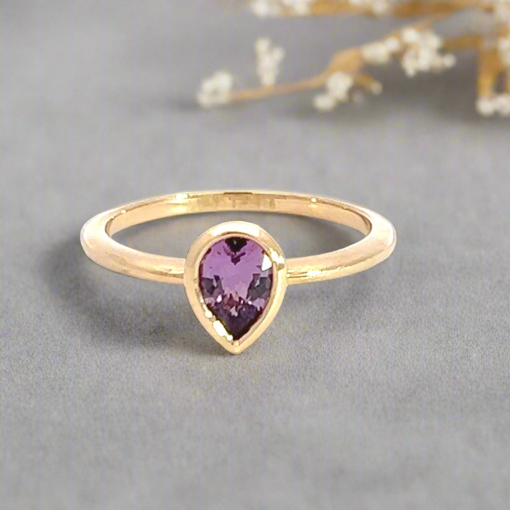 Pear Shape Purple Sapphire Bezel Set Ring 18k Gold