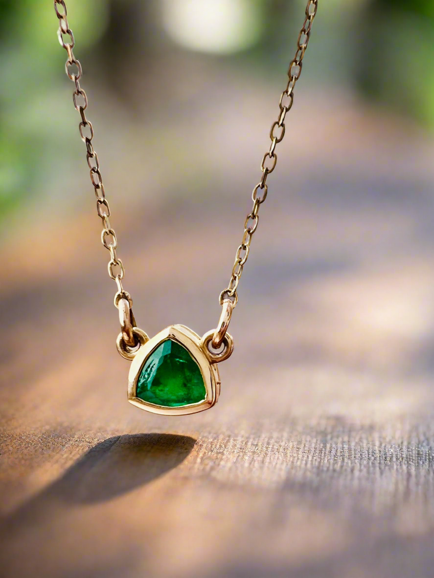 Emerald Solitaire Necklace 14k Yellow Gold Triangle Shape