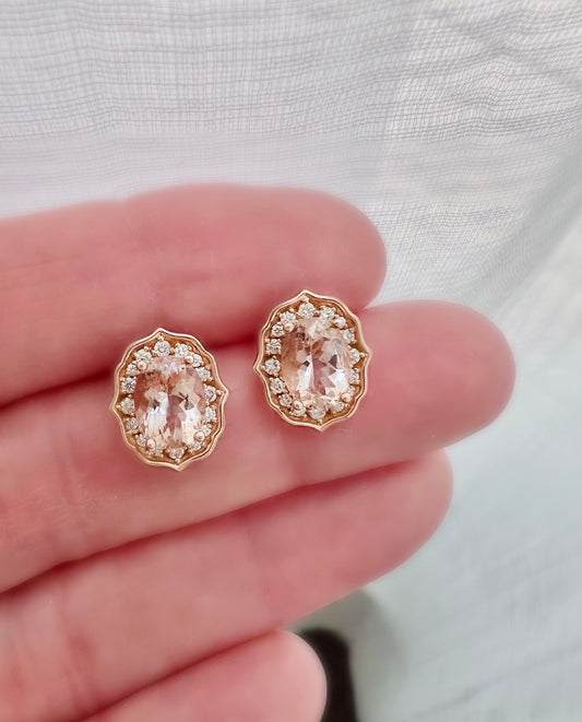 Natural Peach Morganite and Diamond Earrings Rose Gold