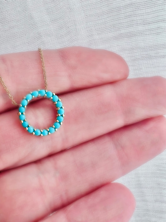 Natural Turquoise Circle Cabochon Necklace 14k Gold