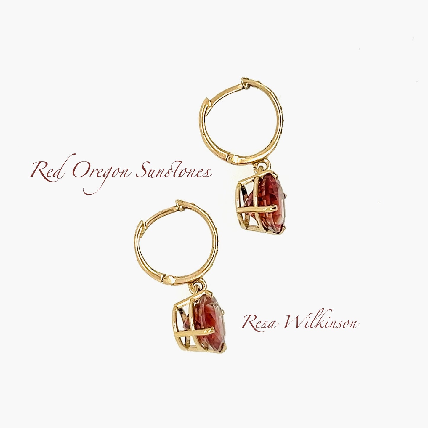 Red Oregon Sunstone Engraved 14k Gold Dangle Earrings