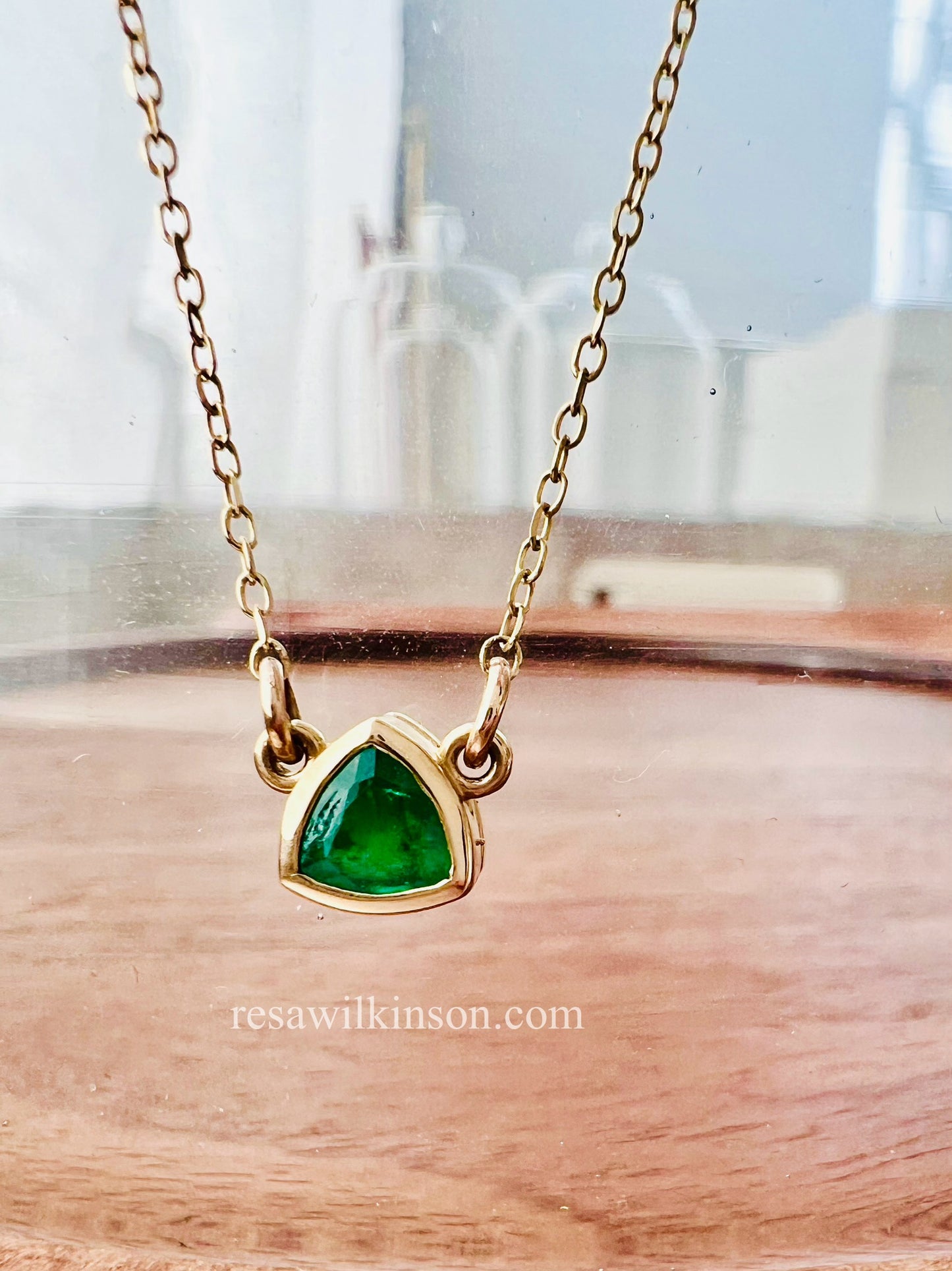 Emerald Solitaire Necklace 14k Yellow Gold Triangle Shape