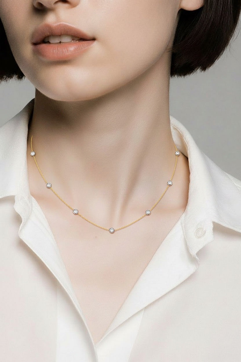 Diamond 1.40 Carat Bezel Set Necklace 18k Two Tone
